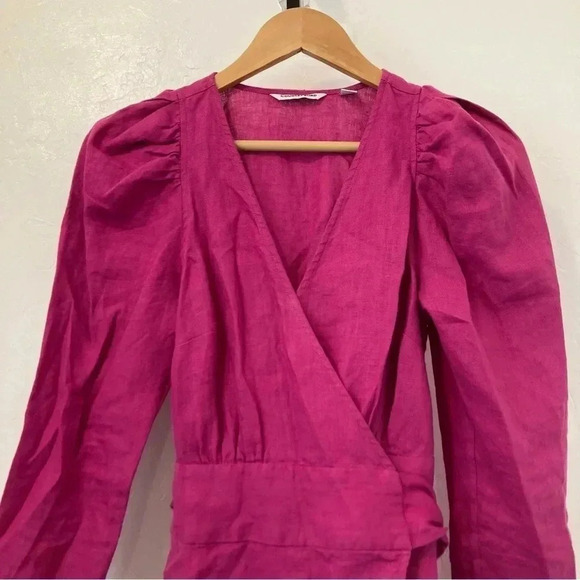 Country Road Magenta Pink Linen Long Sleeve Wrap Mini Dress Size 4 - Picture 3 of 9
